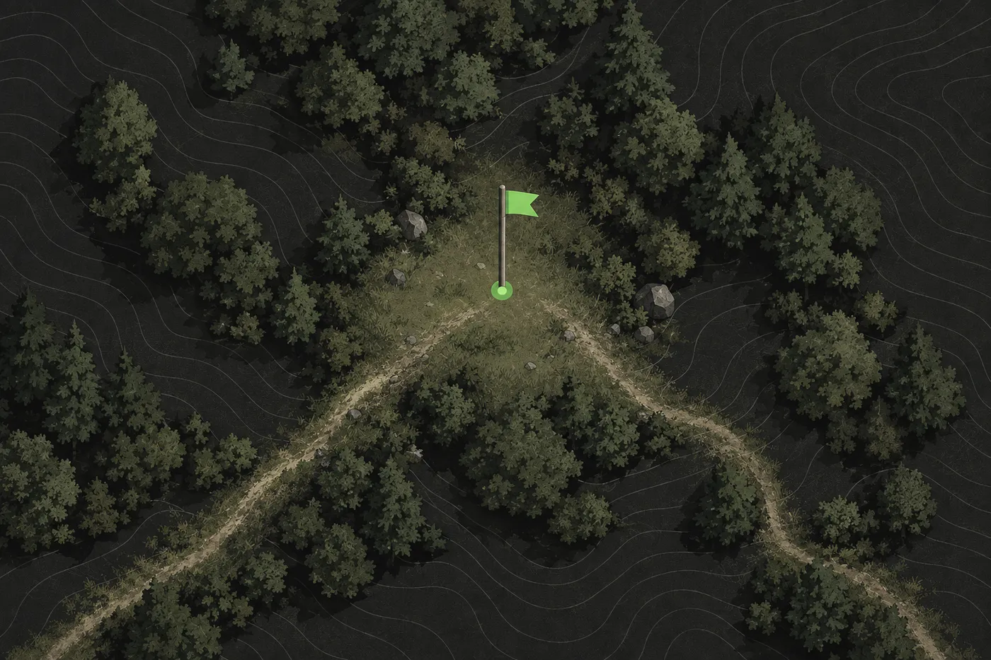 A green flag on a pole in a woodland clearing with paths leading to it