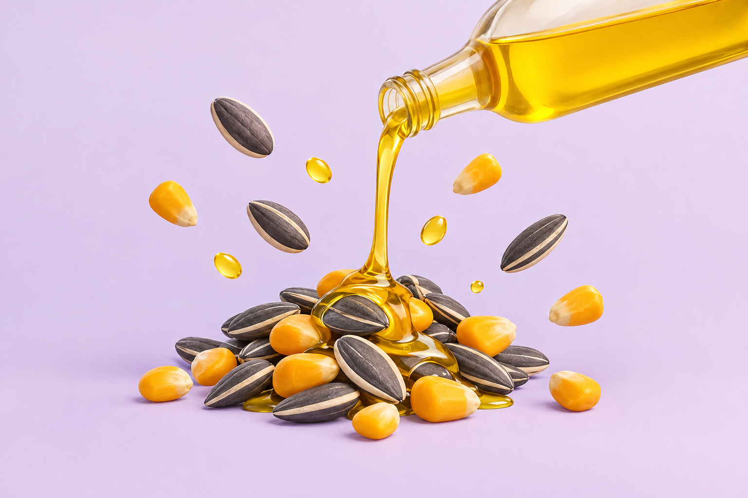 Oil pouring over sunflower seeds and corn kernels