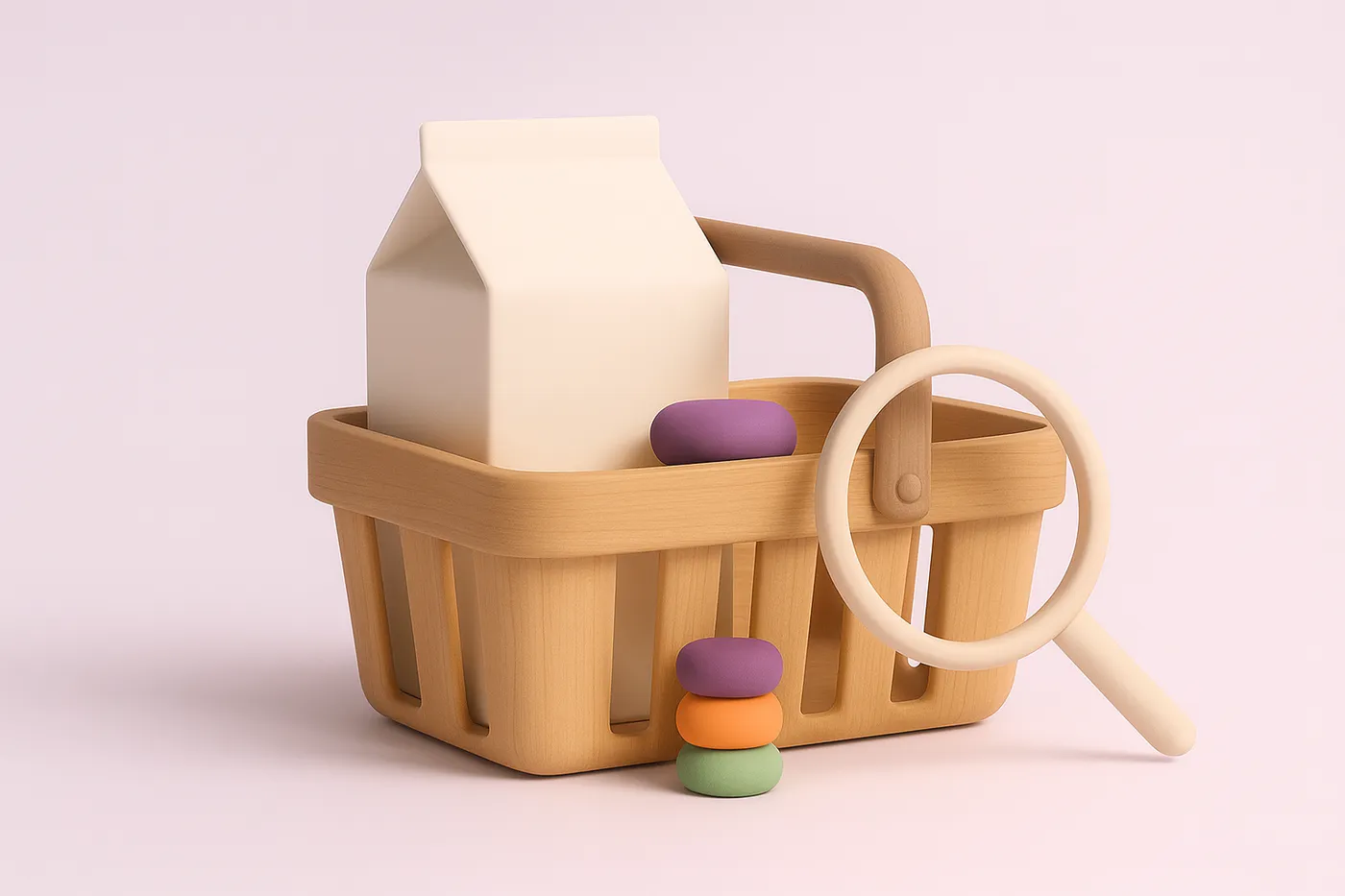 A shopping basket with an unlabeled juice carton, plain coloured candies and a magnifying glass