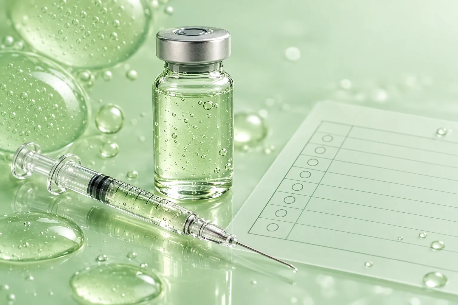 A peptide vial and syringe next to an empty, unfilled dosing chart
