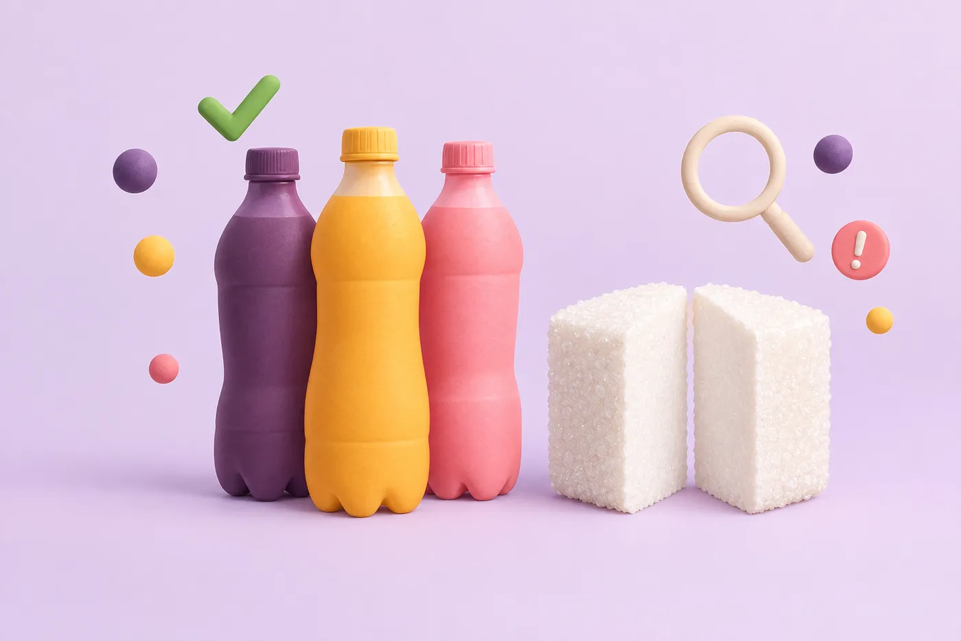 Unlabeled soft drink bottles beside a halved sugar cube
