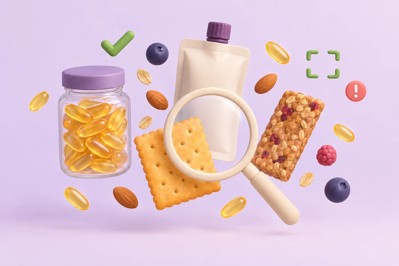 Simple processed food shapes and capsules arranged around a magnifying circle