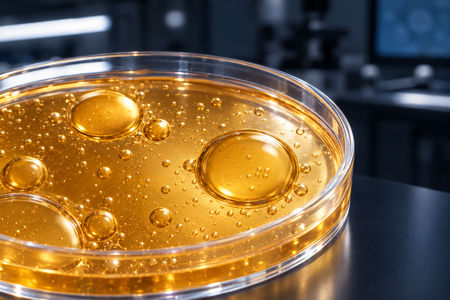 A lit cell culture dish in the foreground with an empty, out of focus clinical exam room behind it