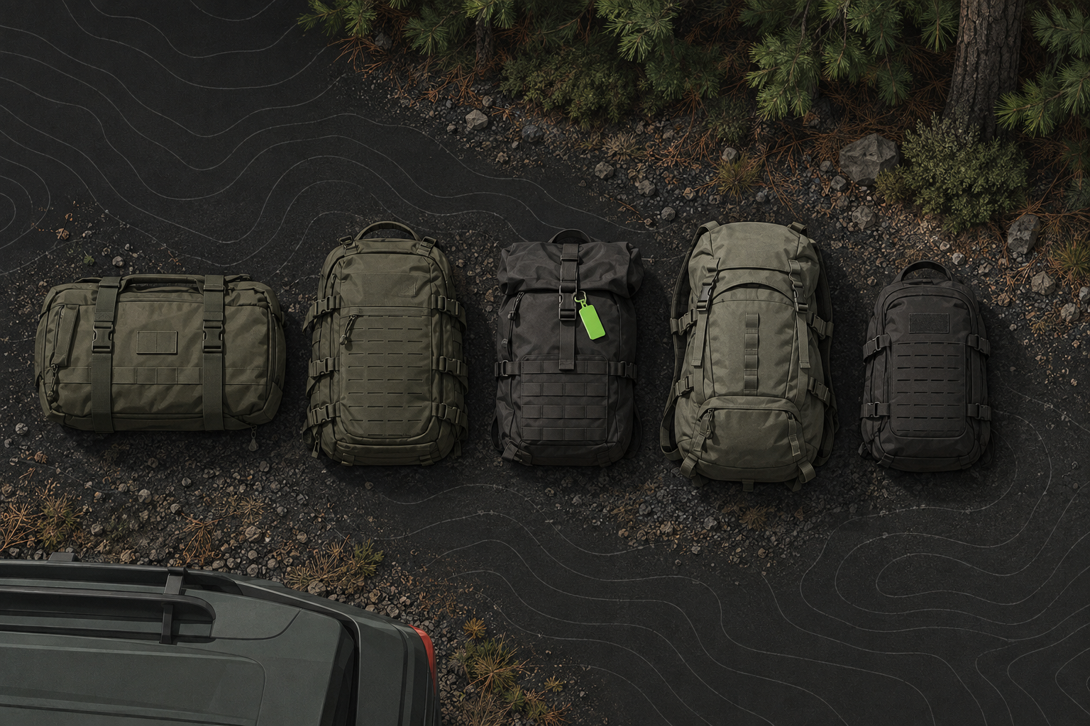 A row of kit bags and backpacks lined up in a gravel car park beside a wood