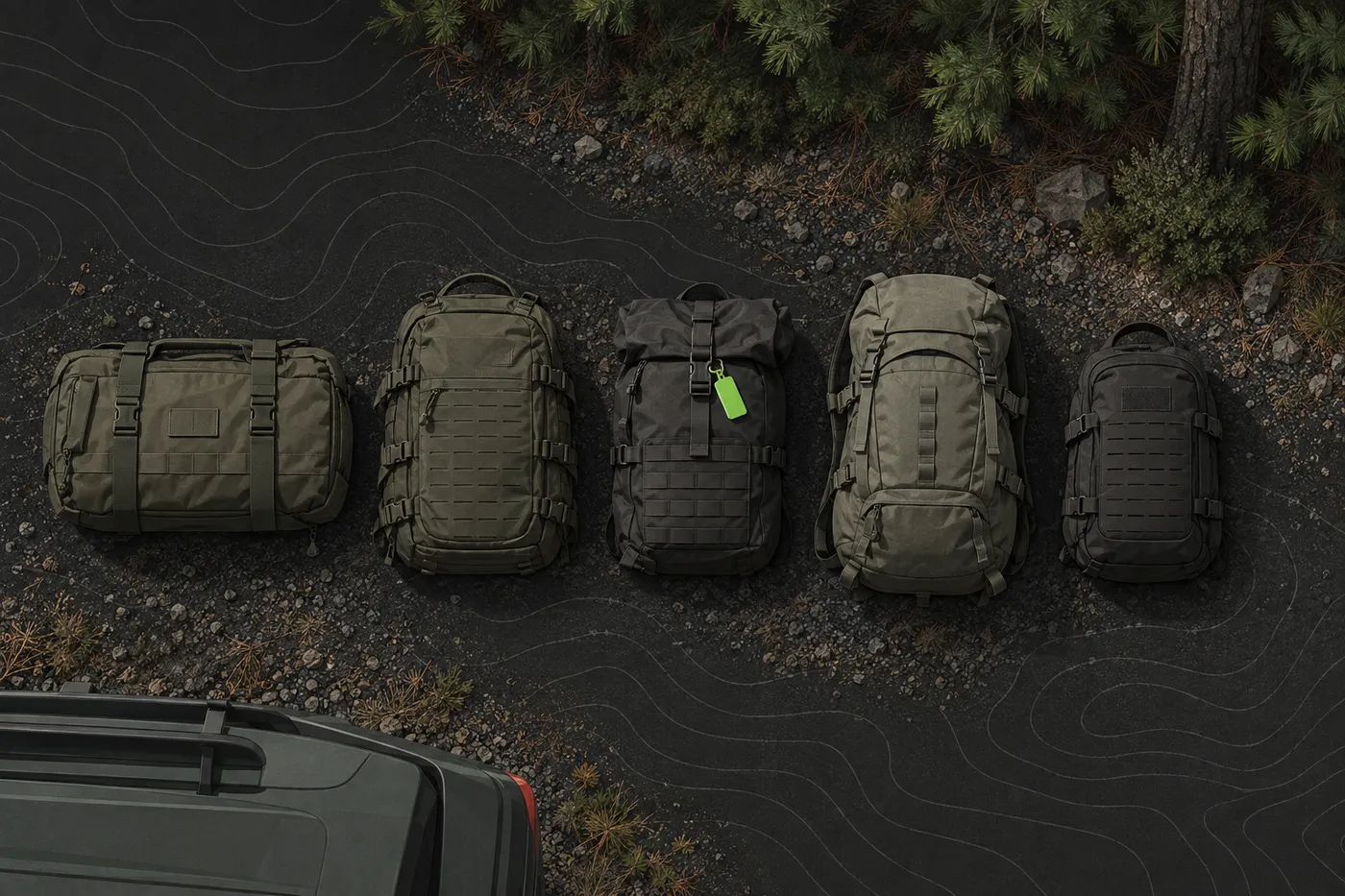 A row of kit bags and backpacks lined up in a gravel car park beside a wood