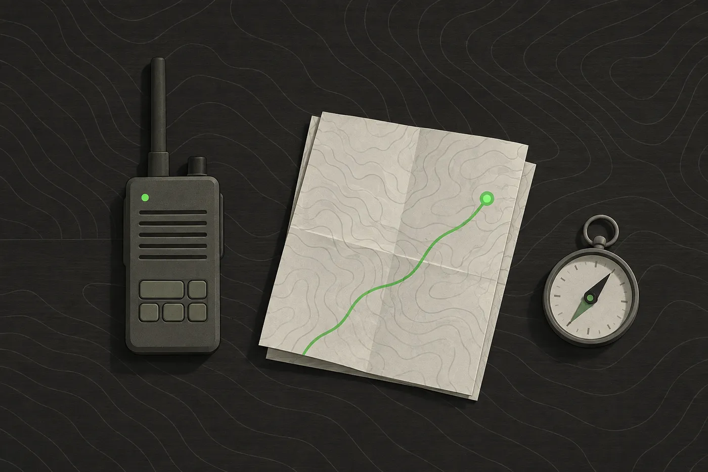 A walkie talkie, a compass and a folded paper map on a table before a game