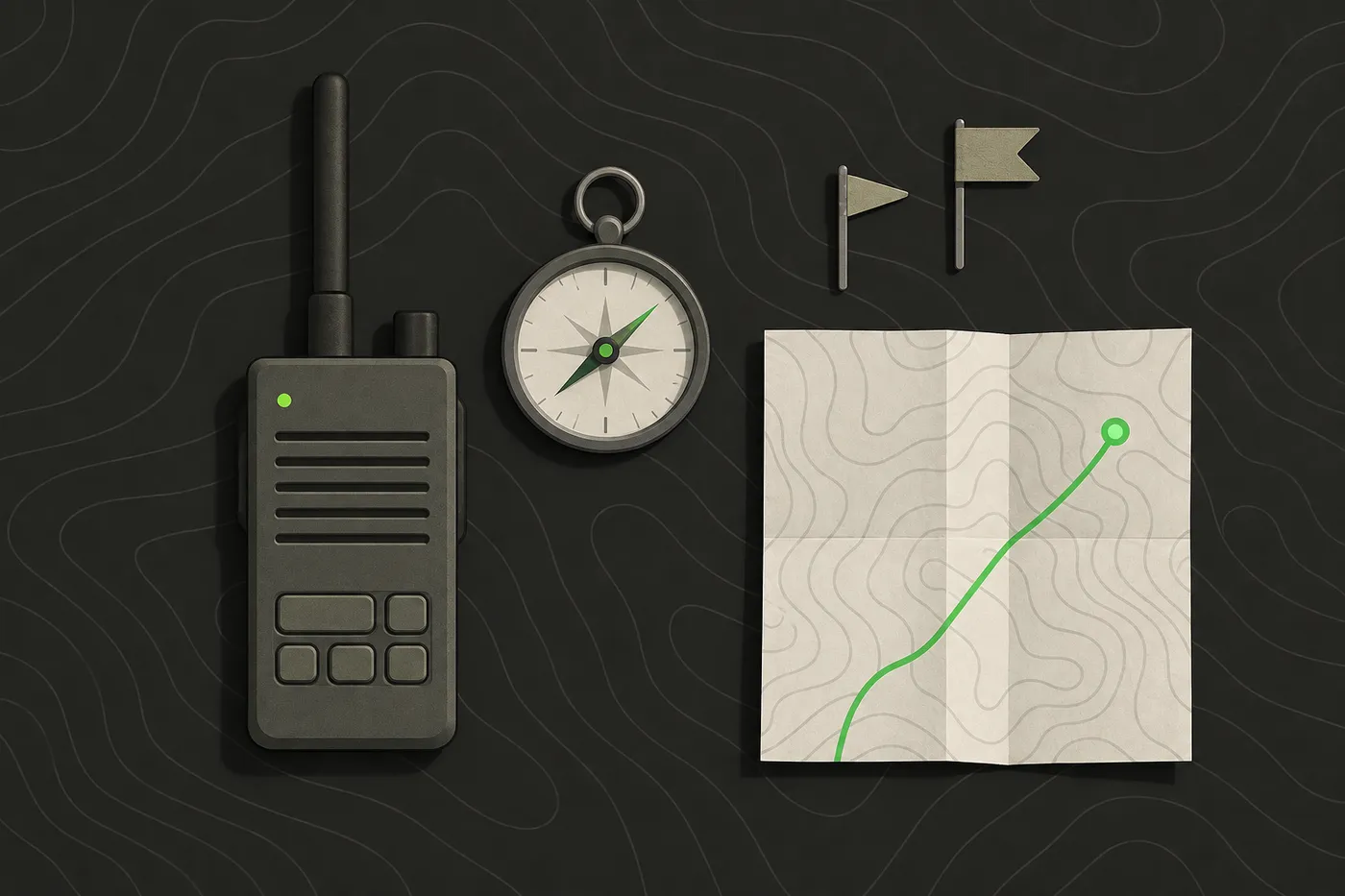 A radio, compass and field map laid out before a briefing
