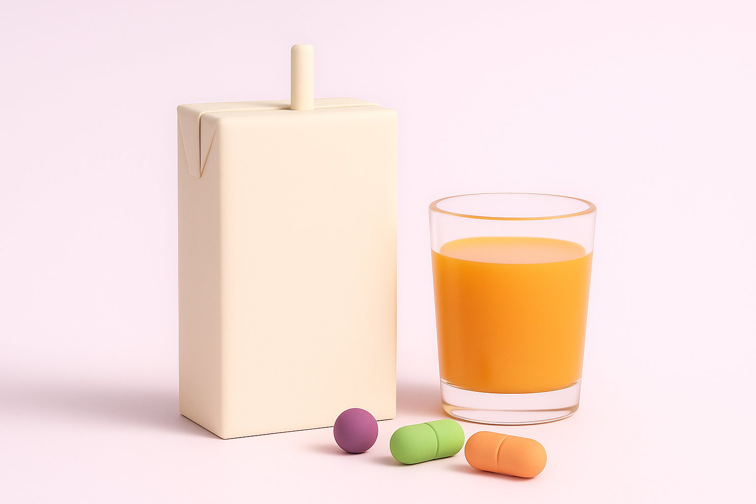 A plain juice box and a glass of orange liquid beside colorful capsules