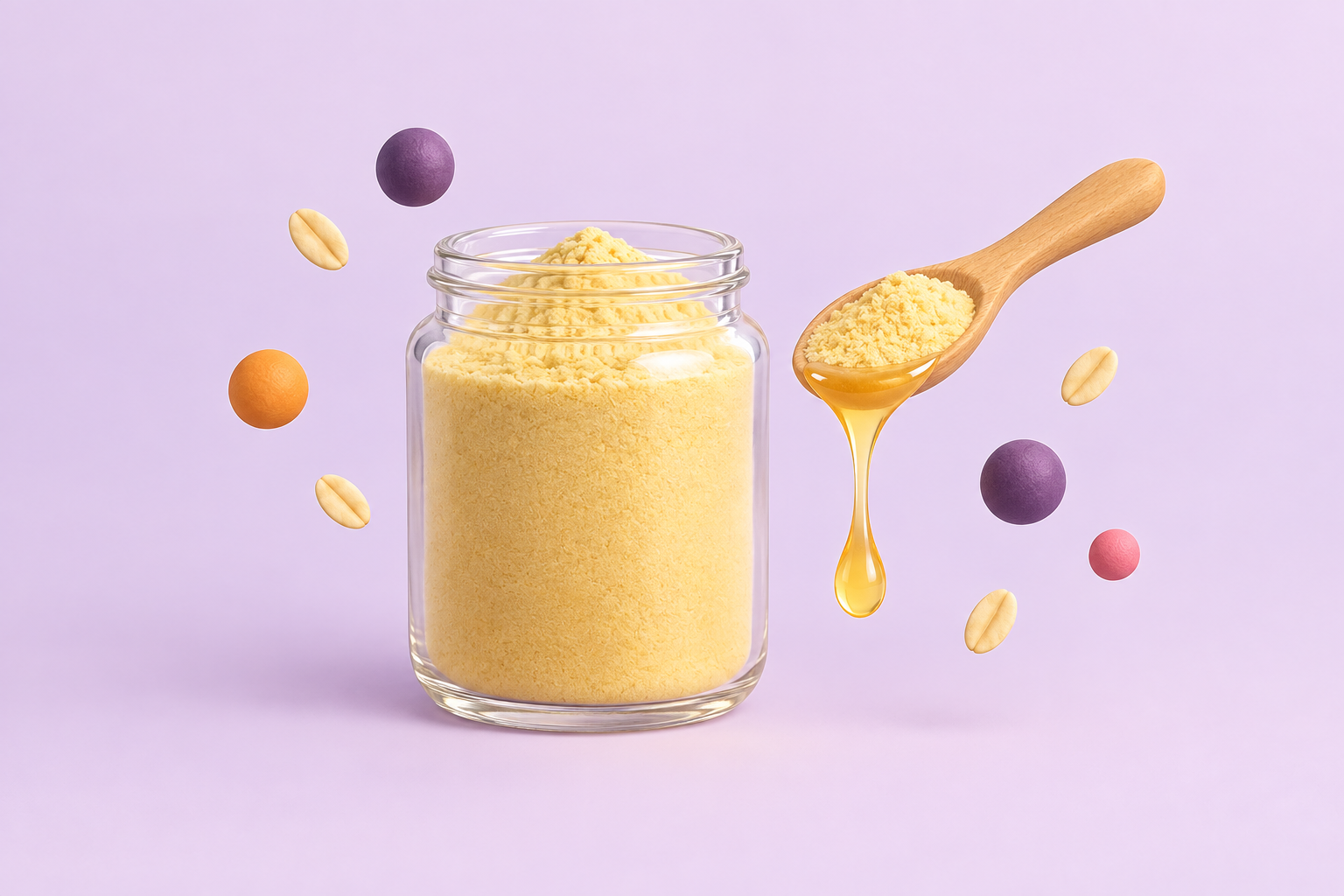 A jar of xanthan gum powder beside a spoon with a viscous drop trailing from it