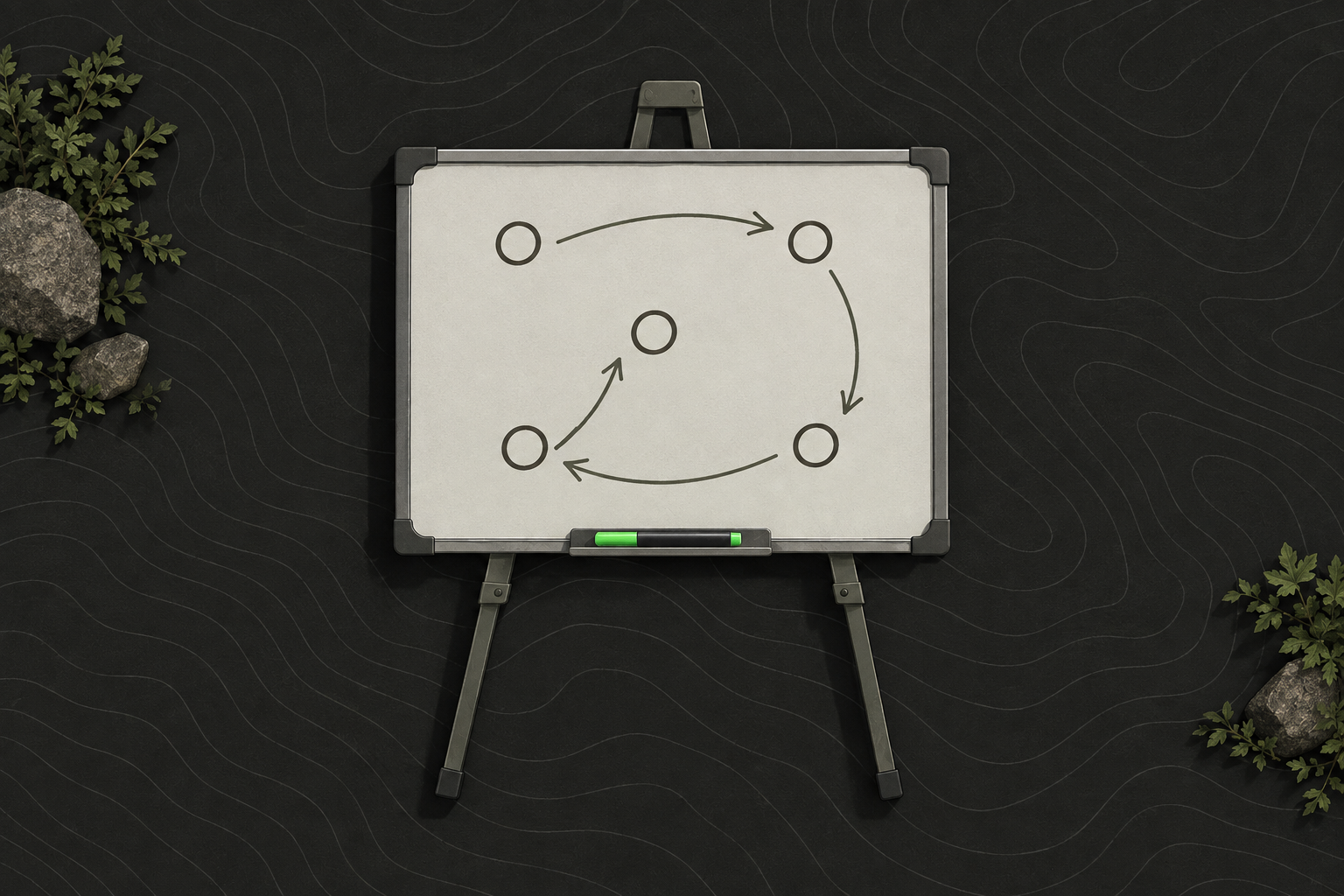 A whiteboard on an easel with simple circles and arrows drawn on it, beside a wood