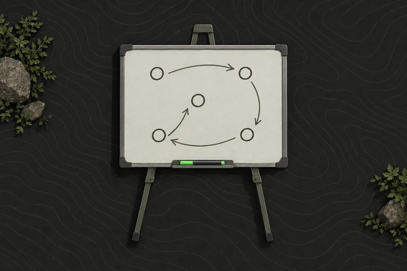 A whiteboard on an easel with simple circles and arrows drawn on it, beside a wood