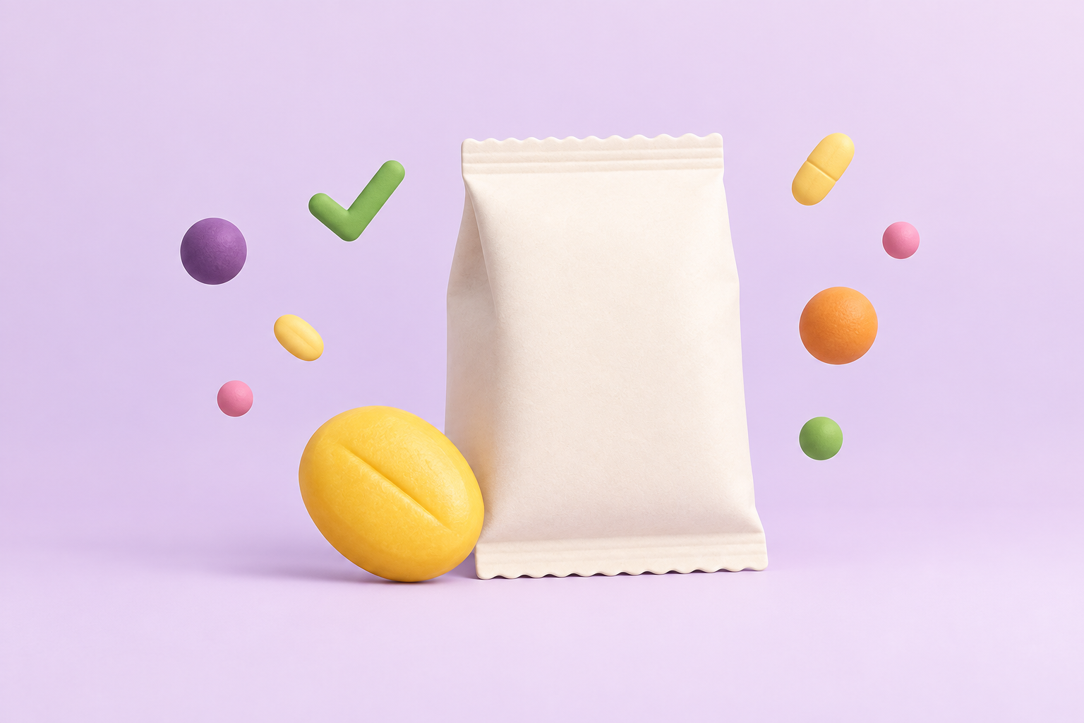 A single yellow candy next to an unmarked food packet