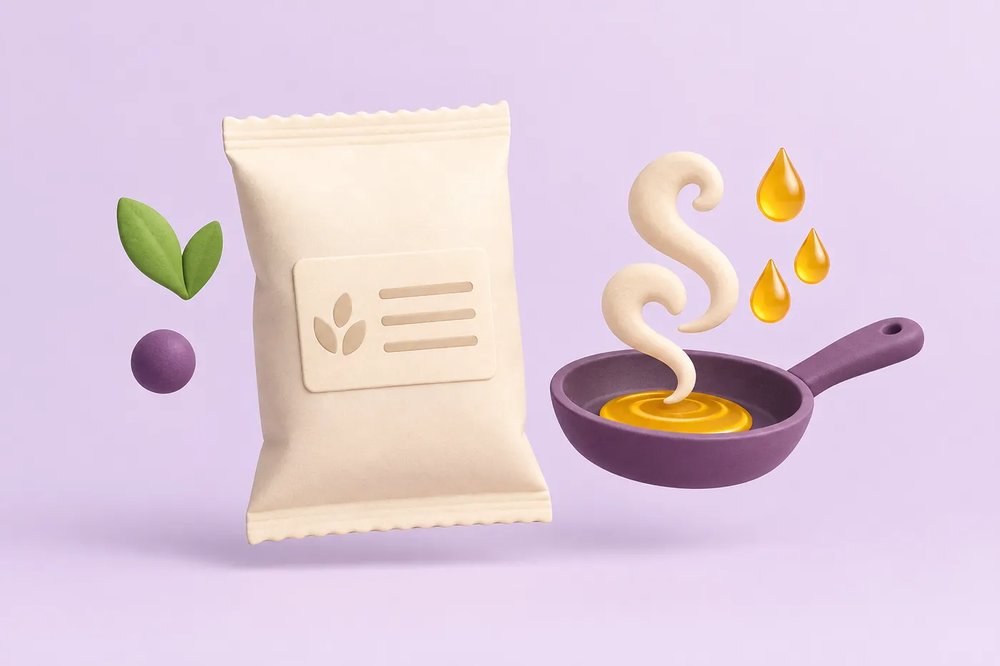 A plain snack bag next to a frying pan icon with steam and oil droplets