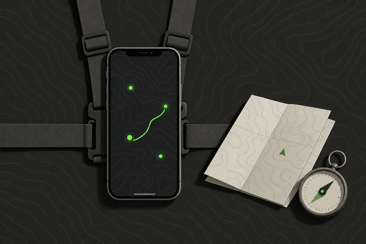 A phone on a chest rig showing team positions on a map, with a paper map and compass beside it