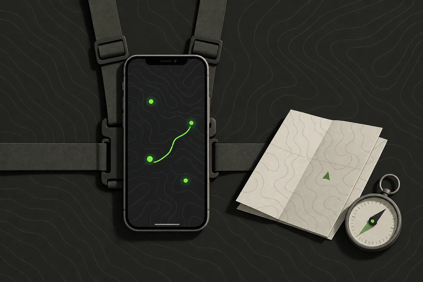 A phone on a chest rig showing team positions on a map, with a paper map and compass beside it