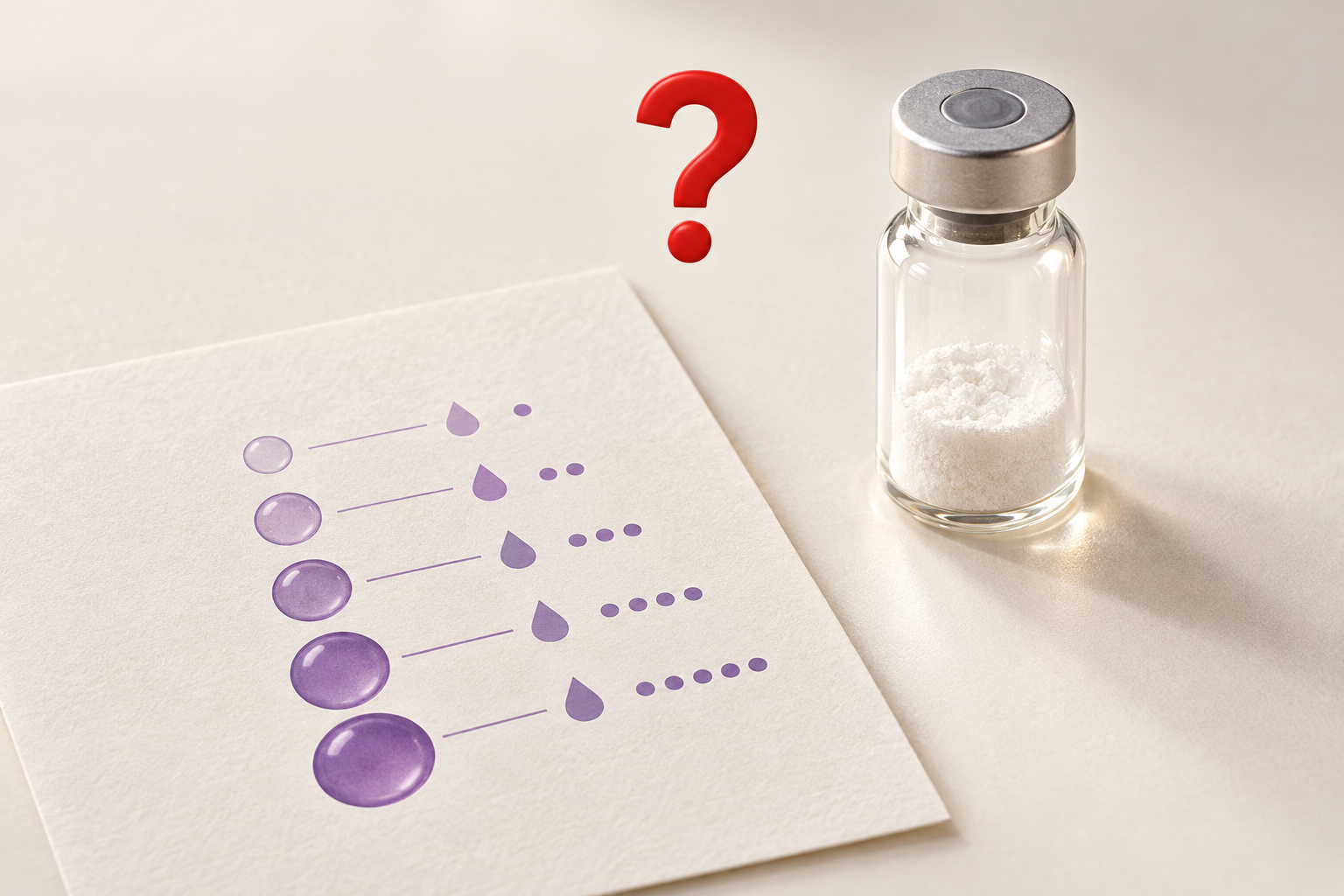 A dosage chart beside an unlabeled peptide vial, with a question mark over the chart