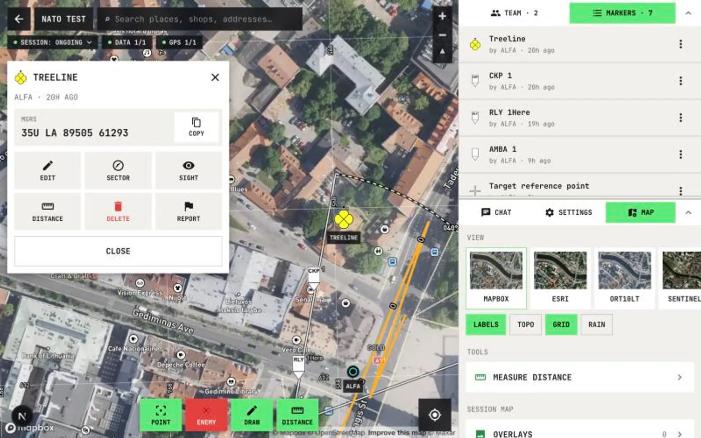 The Tacnav web command post with a marker card open over the satellite map