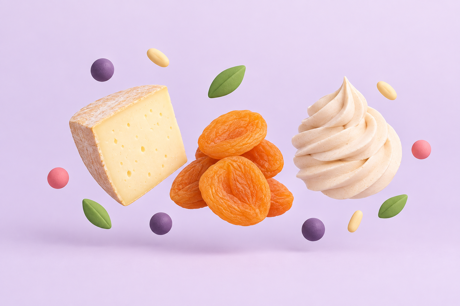 A wedge of cheese, dried apricots, and piped frosting on a lavender background