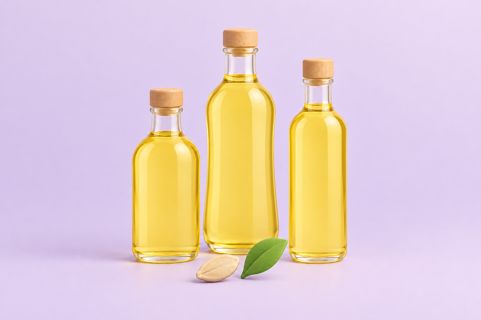Three unlabeled bottles of vegetable oil beside a seed and a leaf