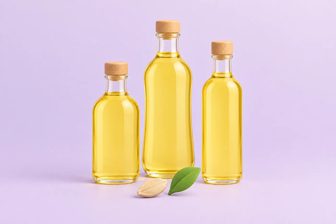Three unlabeled bottles of vegetable oil beside a seed and a leaf
