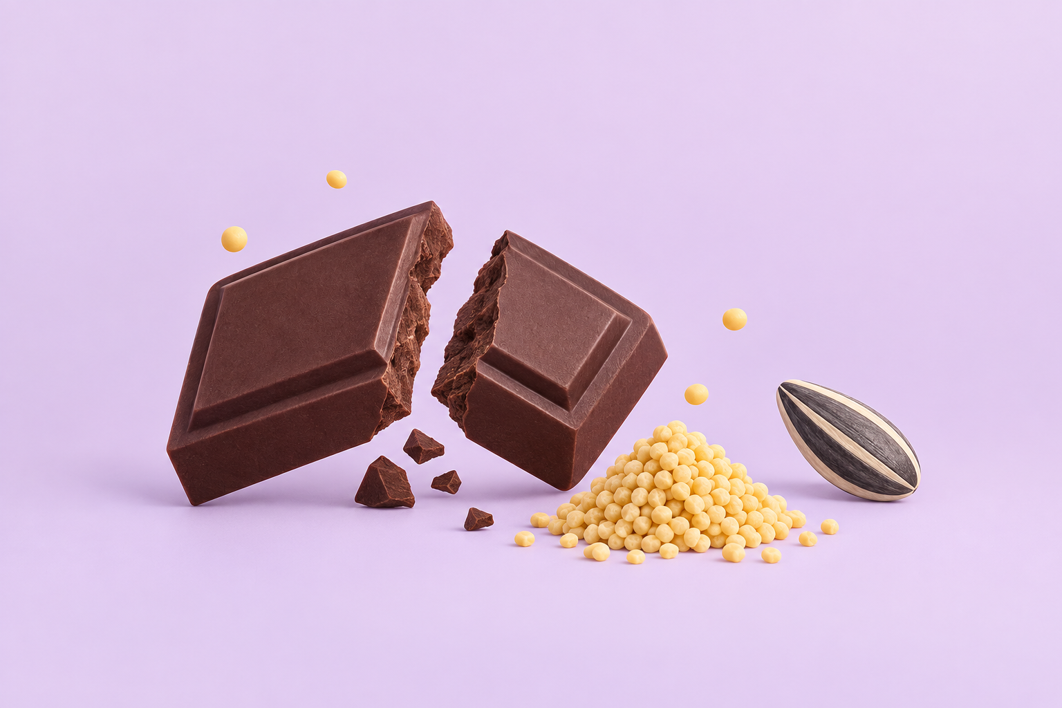 Broken dark chocolate with lecithin granules and a sunflower seed