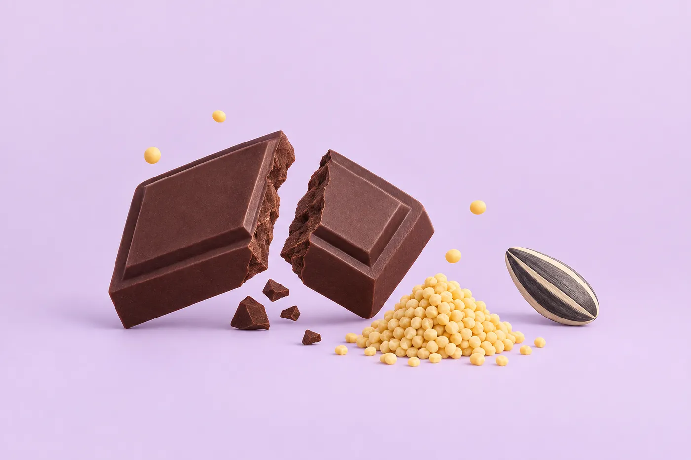 Broken dark chocolate with lecithin granules and a sunflower seed