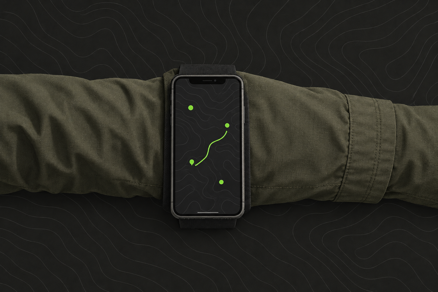 A phone strapped to a forearm with a wide armband, showing an abstract map with green position dots
