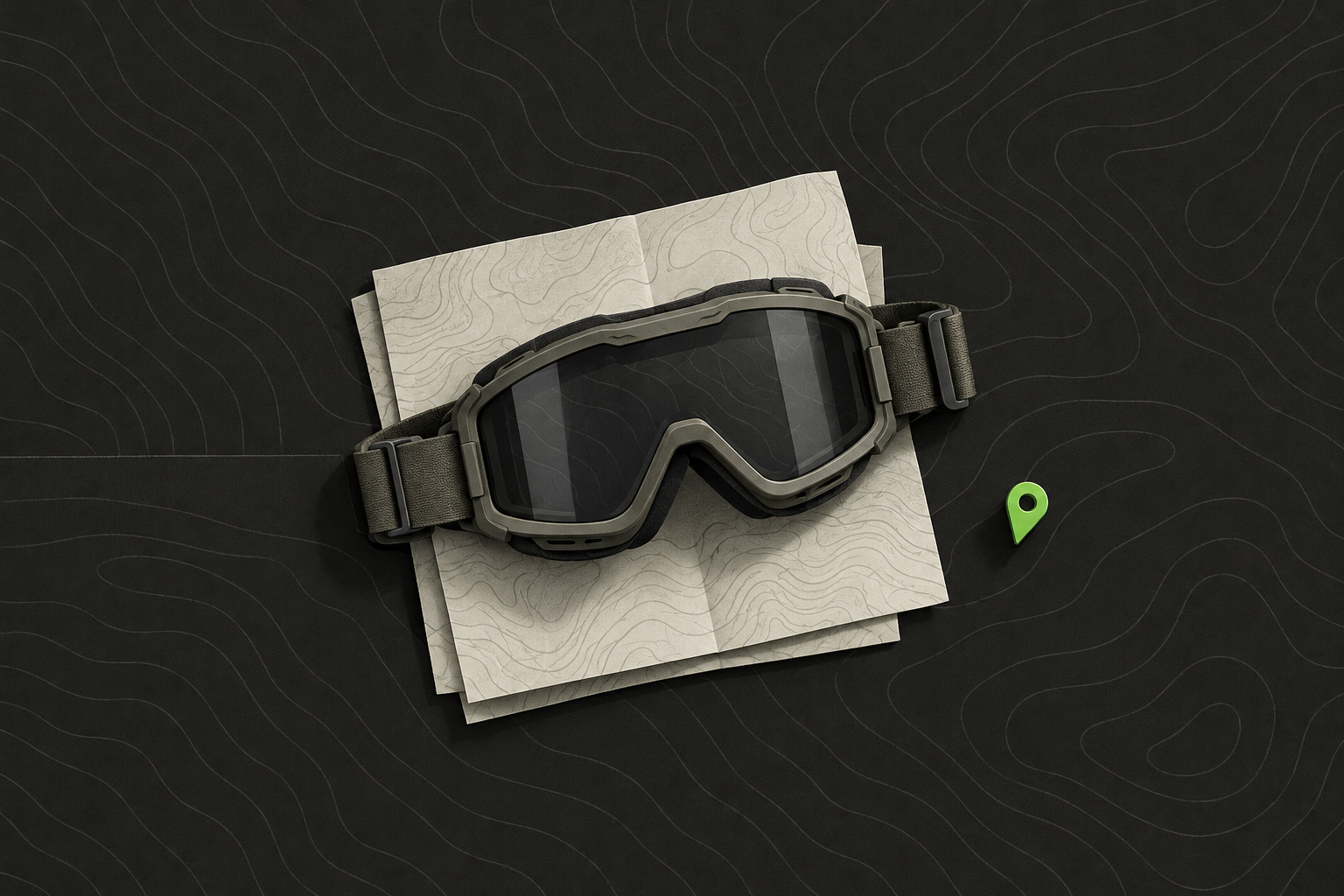 Full seal ballistic goggles resting on a folded field map