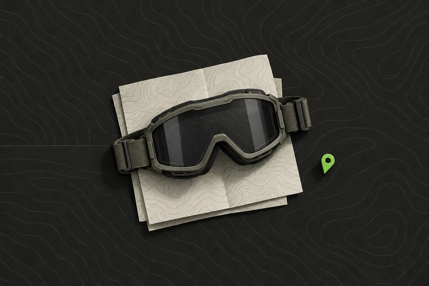 Full seal ballistic goggles resting on a folded field map