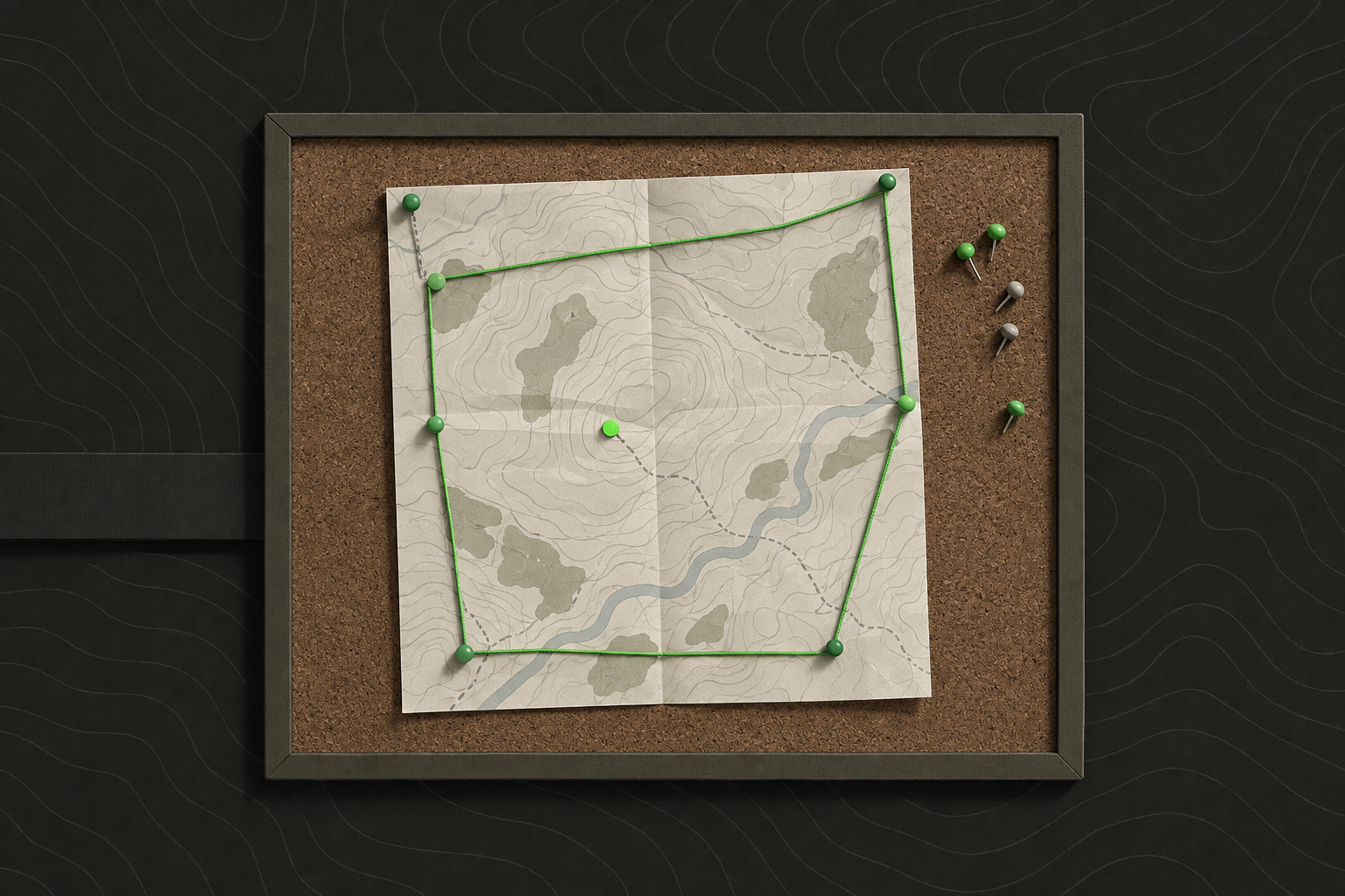 A printed site map pinned to a board, with coloured pins and a green string marking the game boundary