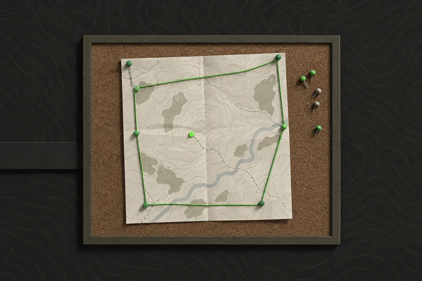 A printed site map pinned to a board, with coloured pins and a green string marking the game boundary