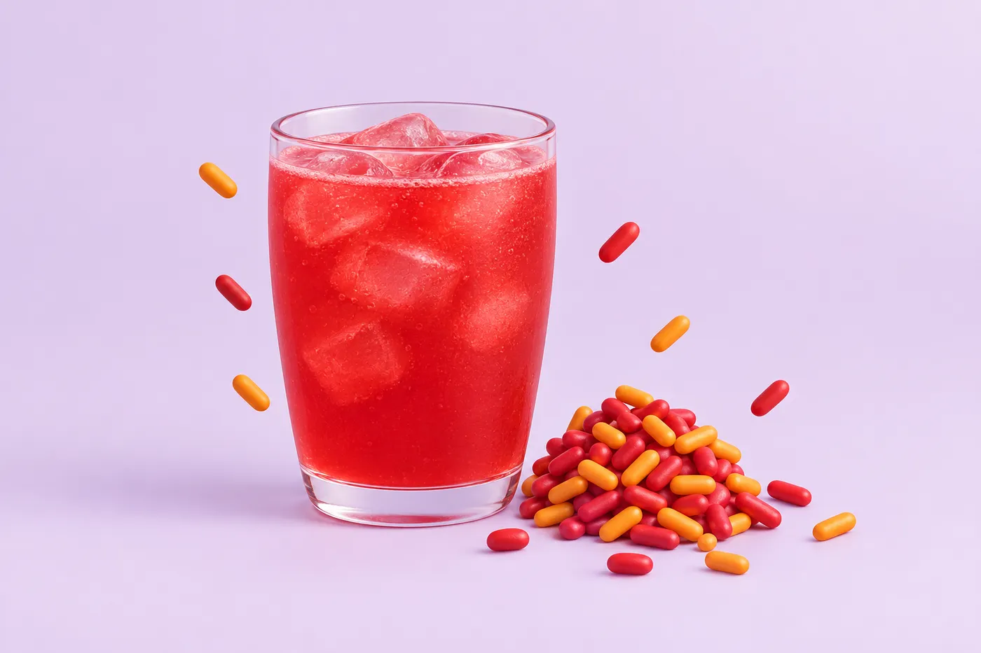 A glass of red fruit punch next to red and orange candy sprinkles