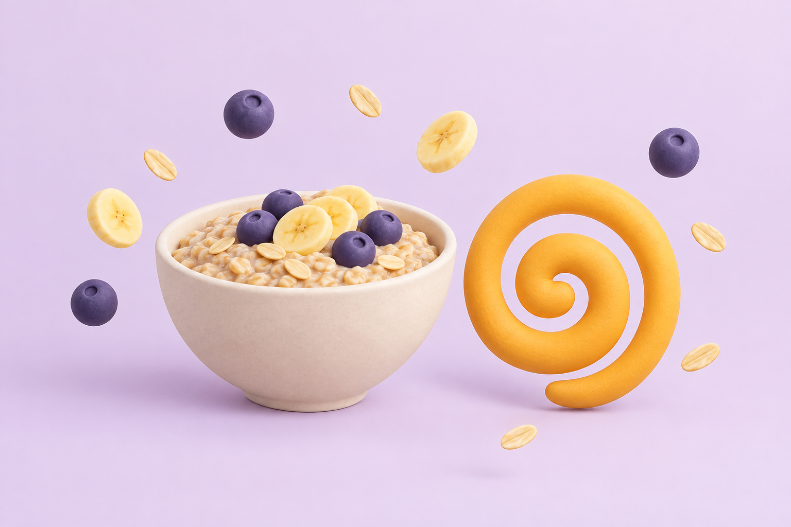 A bowl of oatmeal beside an abstract spiral symbol representing the gut