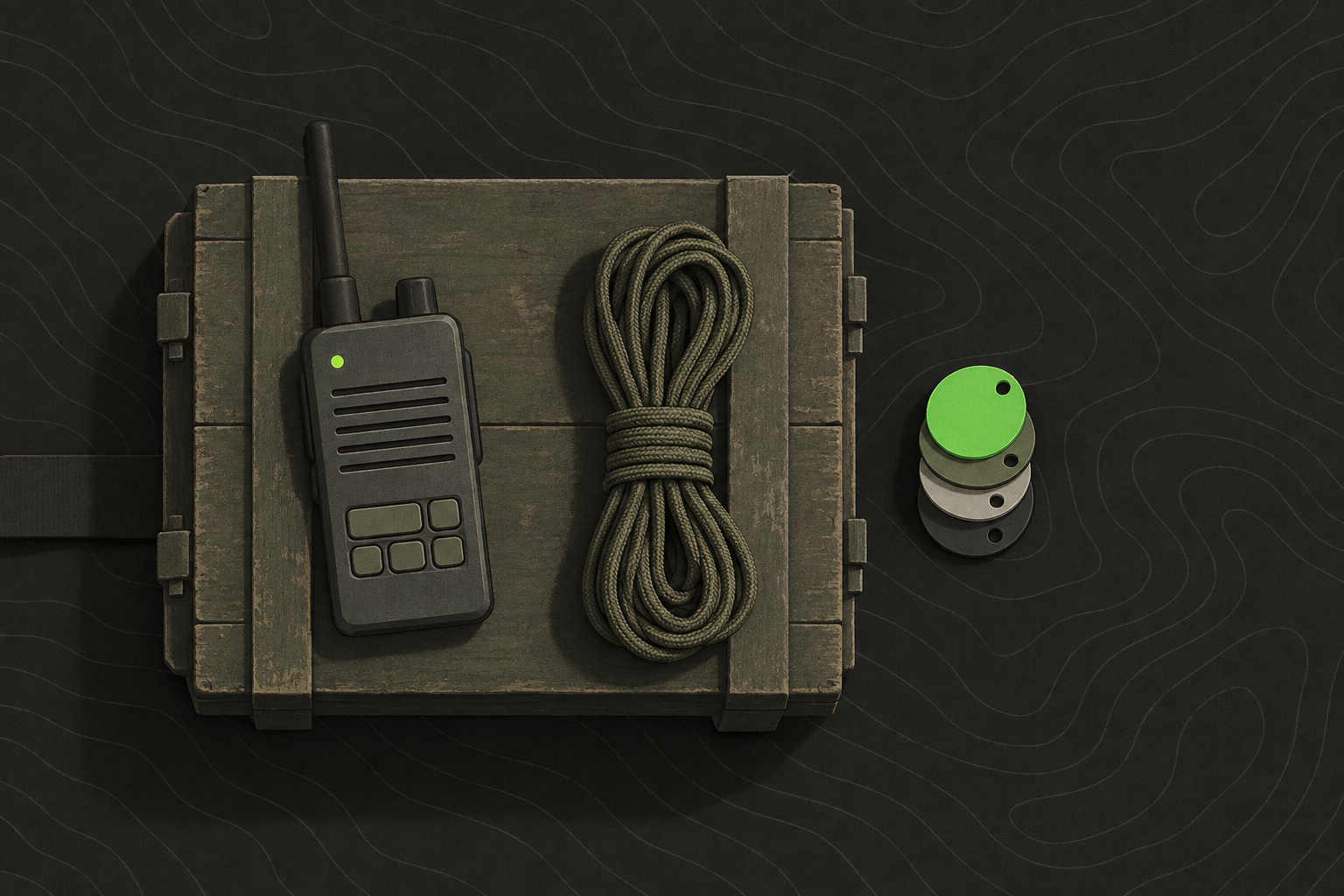 A handheld two-way radio and colour-coded squad markers resting on a crate
