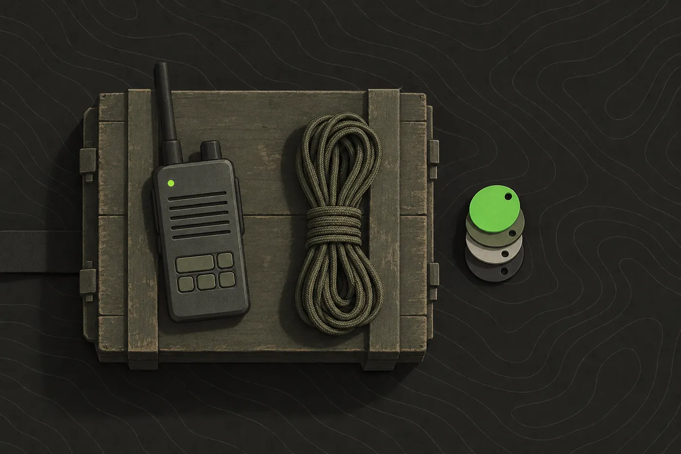A handheld two-way radio and colour-coded squad markers resting on a crate