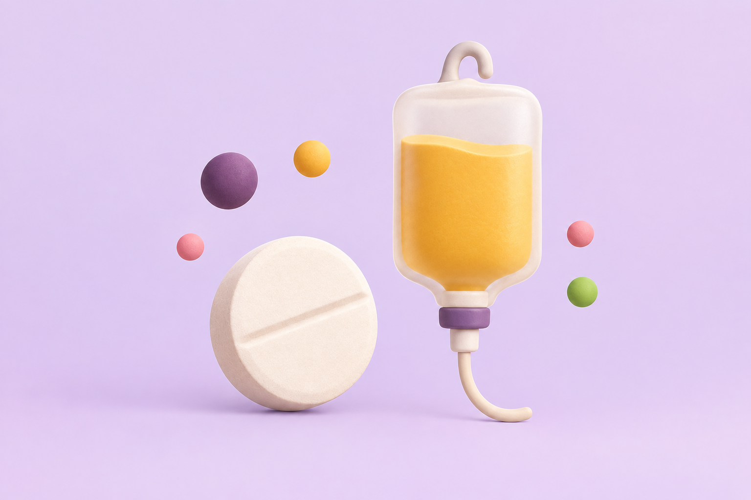 A glucose tablet next to a simple IV bag shape