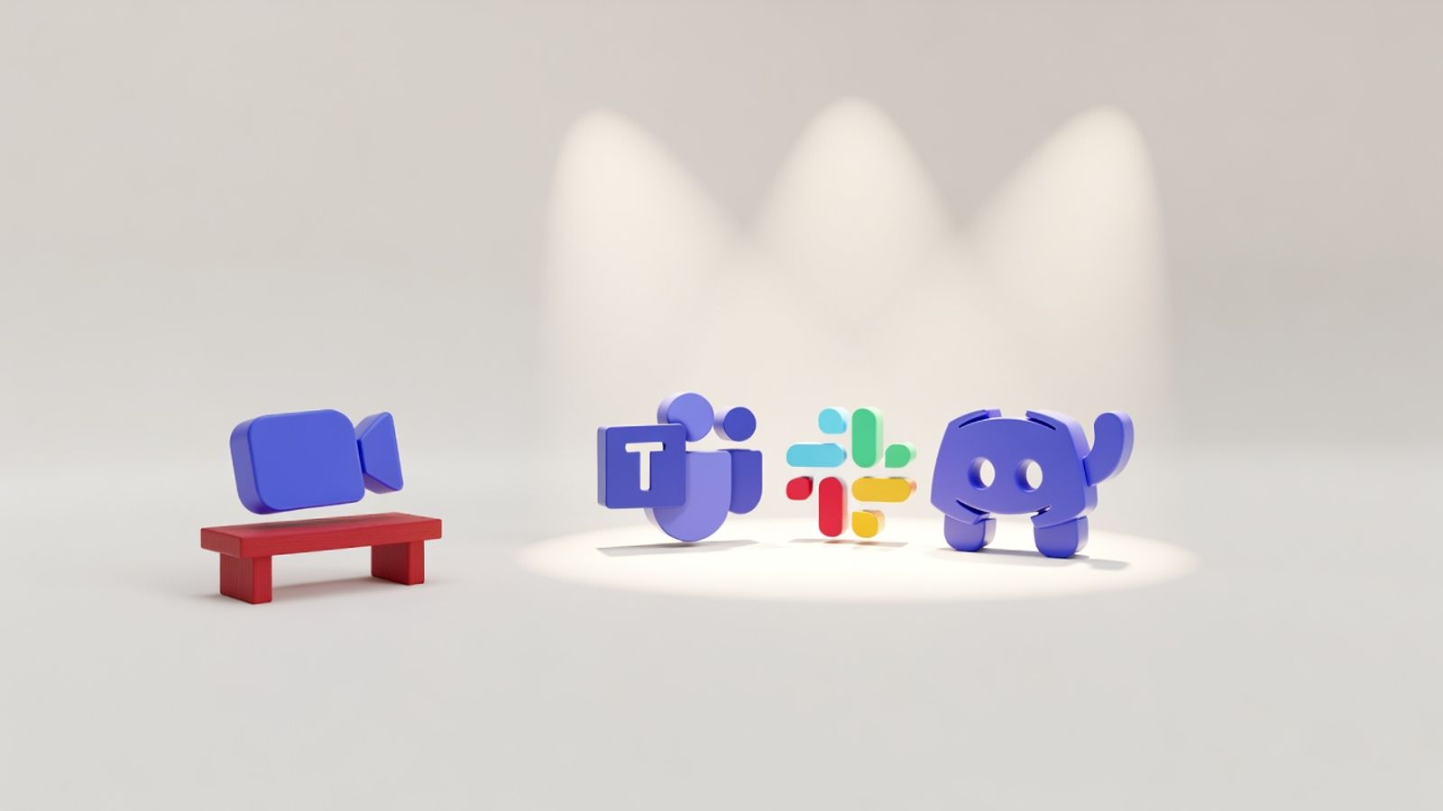 Zoom logo on the sidelines while Microsoft Teams, Slack, and Discord logos take the stage