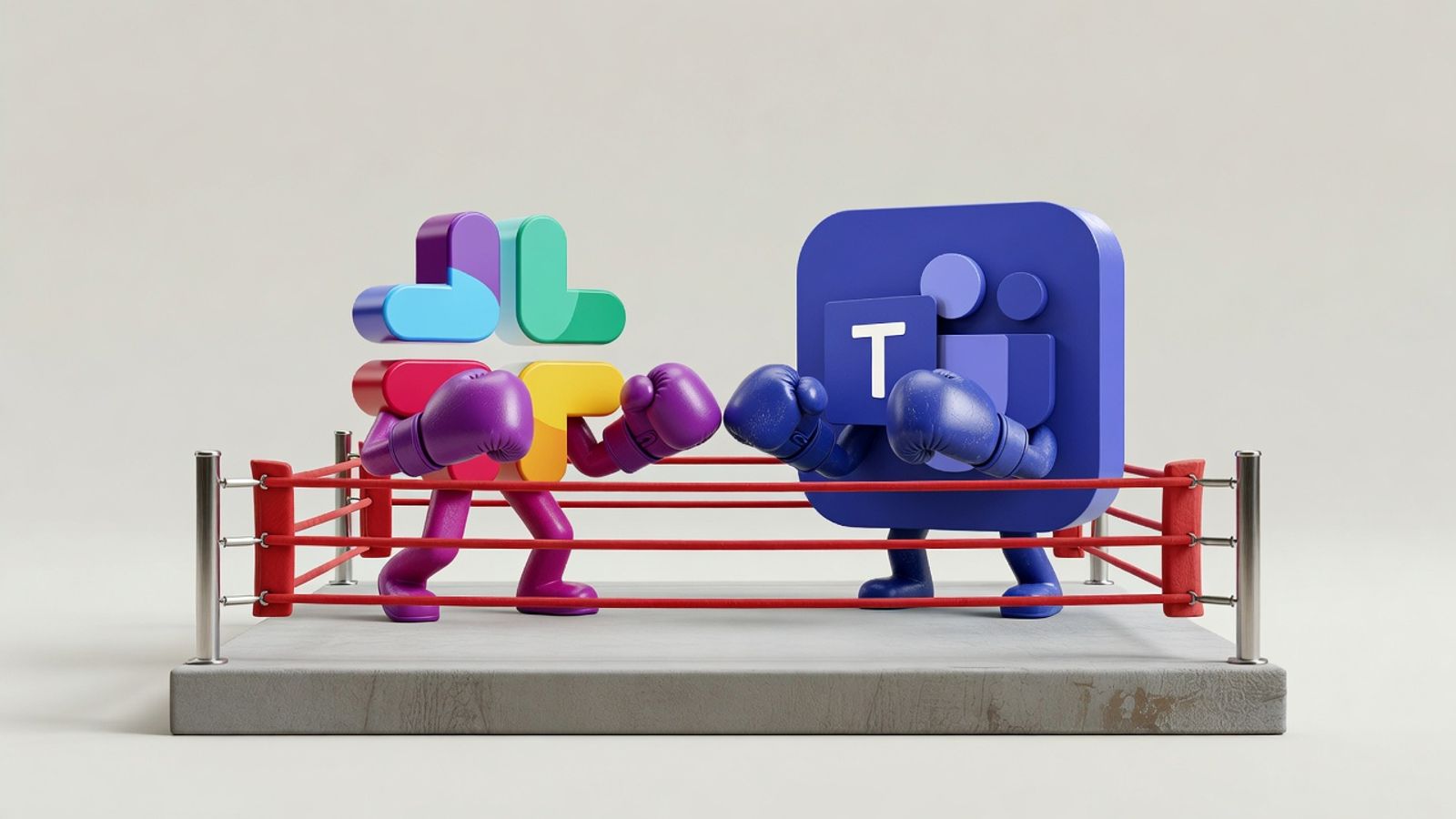 Slack and Microsoft Teams logos in boxing gloves facing off in a ring