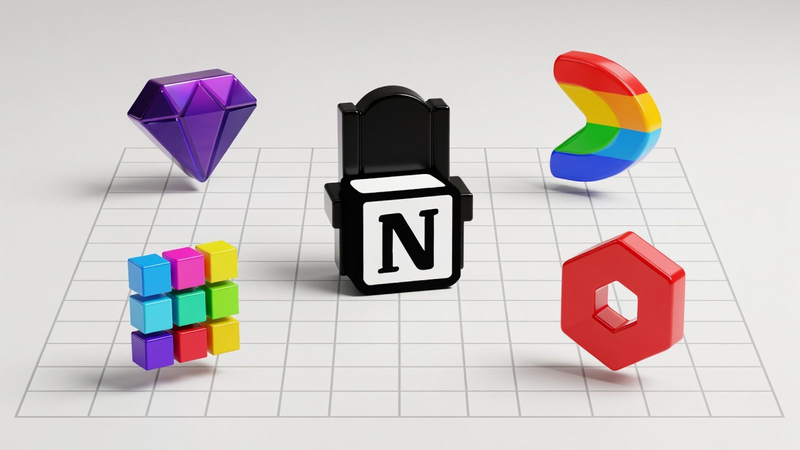 Notion, Obsidian, ClickUp, Airtable and Coda logos as game pieces advancing on a board toward a central throne