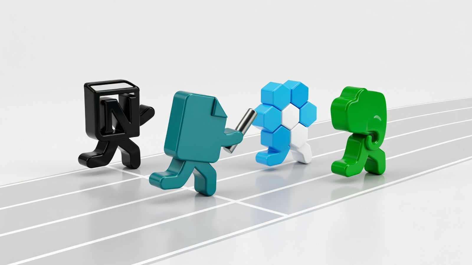 Coda logo handing a relay baton to Notion, Airtable and Evernote logos waiting in three lanes