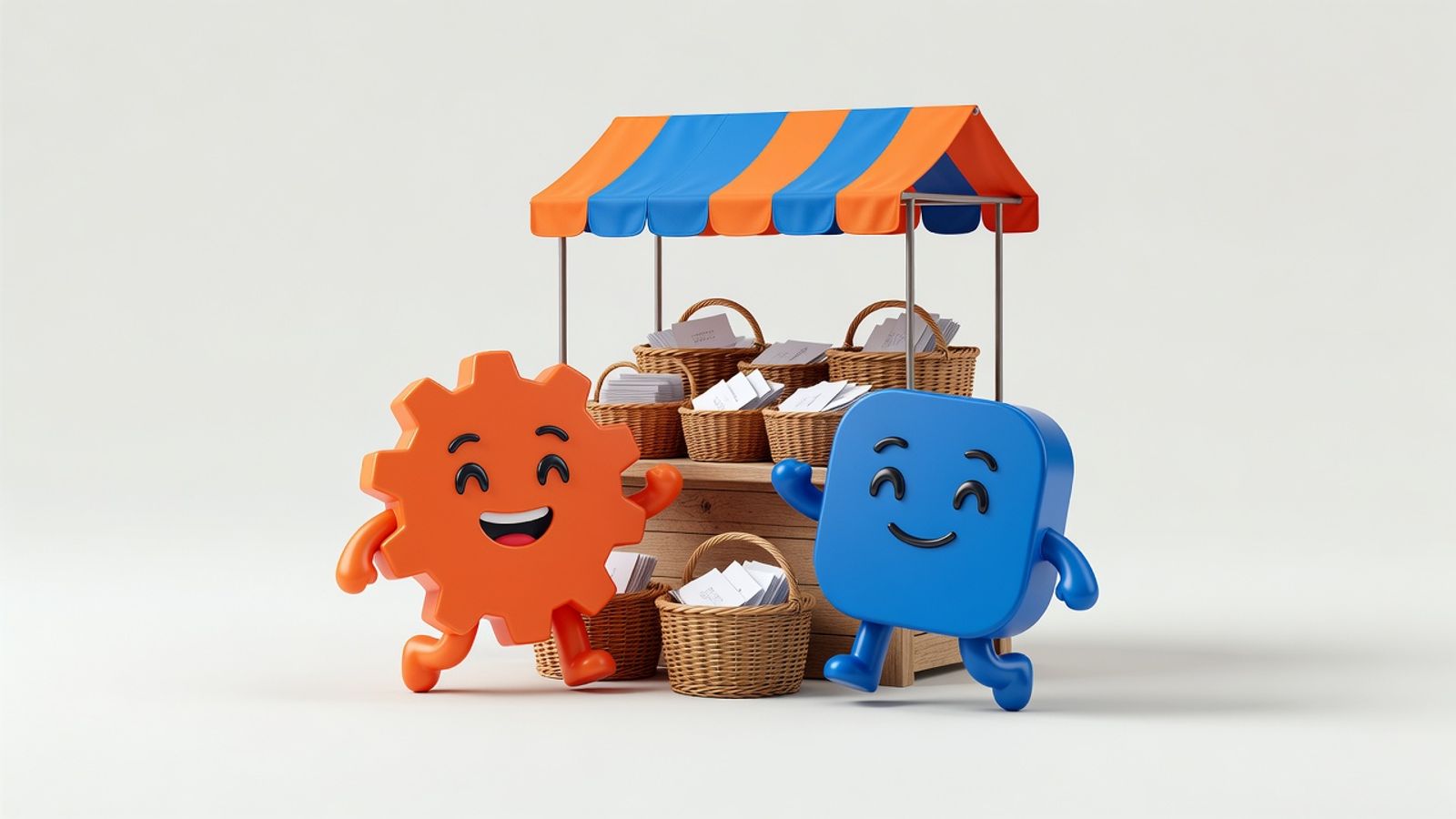 HubSpot and Zoho logos running a market stall giving away free contact cards