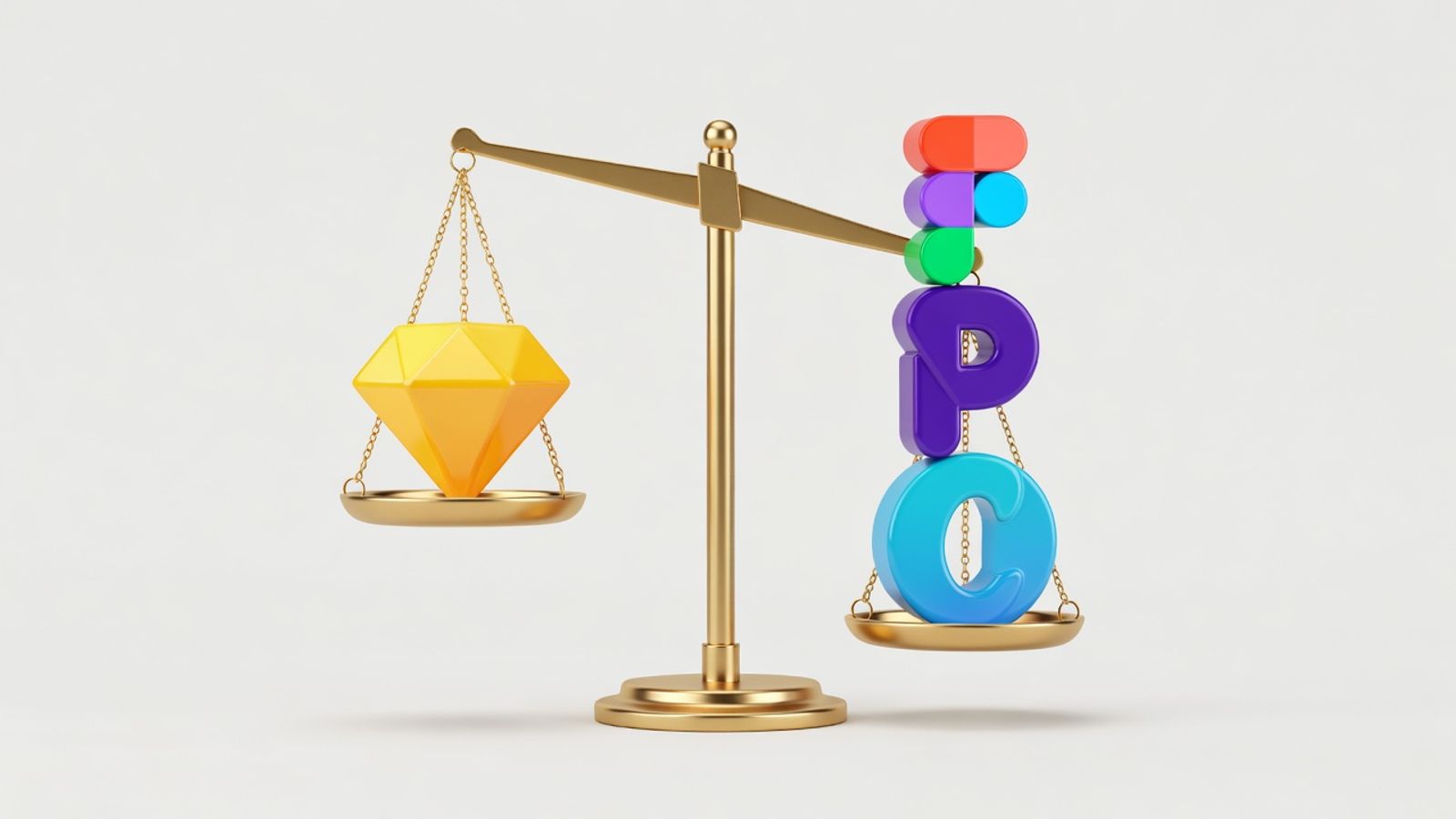 Sketch diamond logo on a balance scale outweighed by Figma, Penpot and Canva logos stacked on the other side