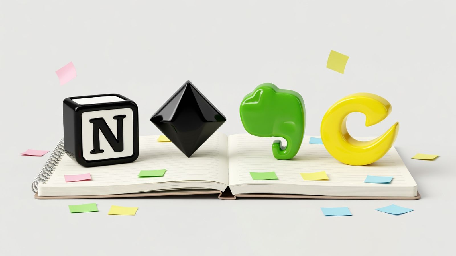 Notion, Obsidian, Evernote and Coda logos as game pieces on an open notebook with sticky notes