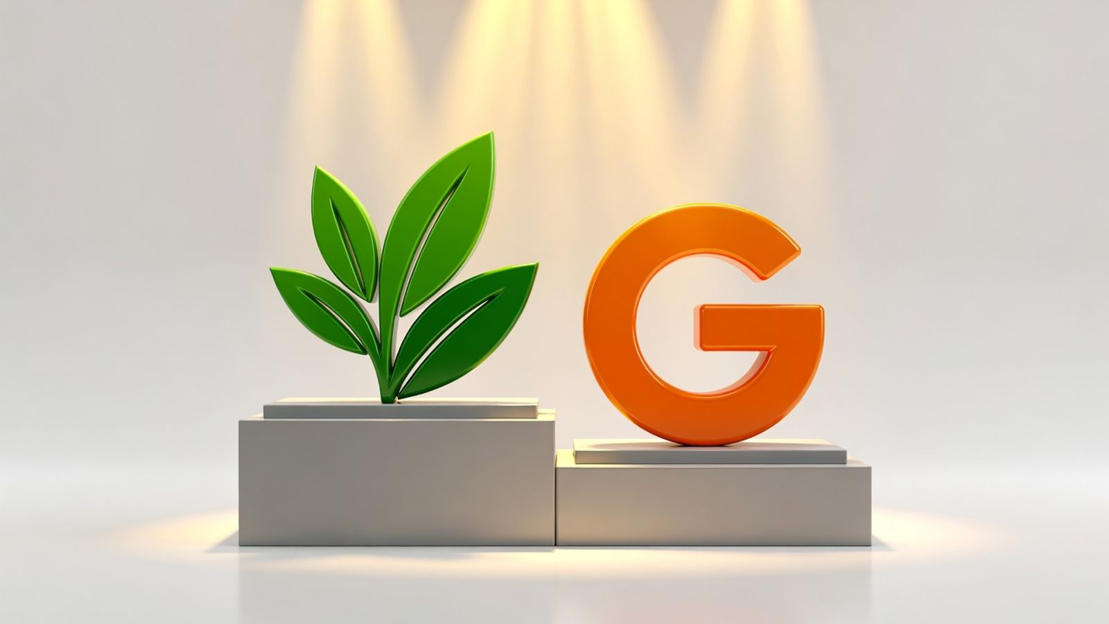 BambooHR bamboo-leaf and Gusto smiling-G logos as 3D game pieces on side-by-side award podiums under spotlights