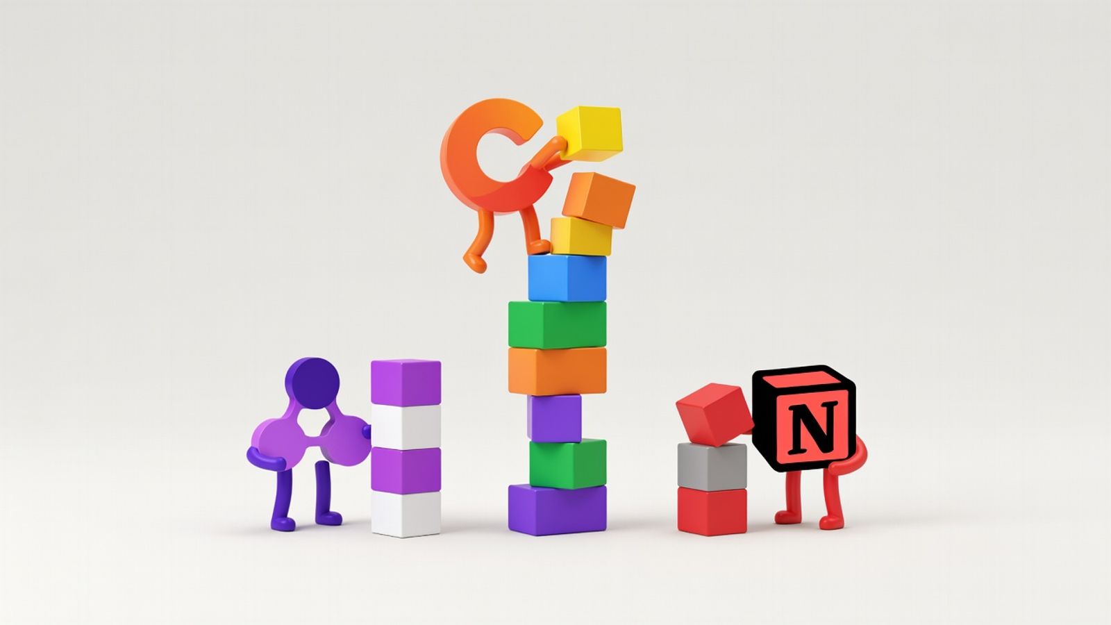 ClickUp logo stacking a tall block tower beside Asana and Notion logos' shorter towers