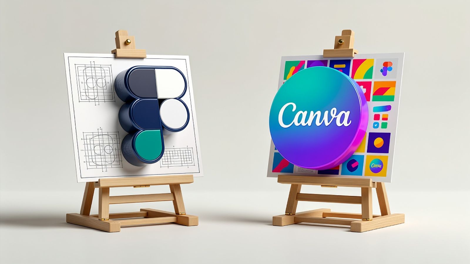 Figma and Canva logos as rival game pieces at artist easels, Figma's showing a wireframe blueprint, Canva's showing colorful templates