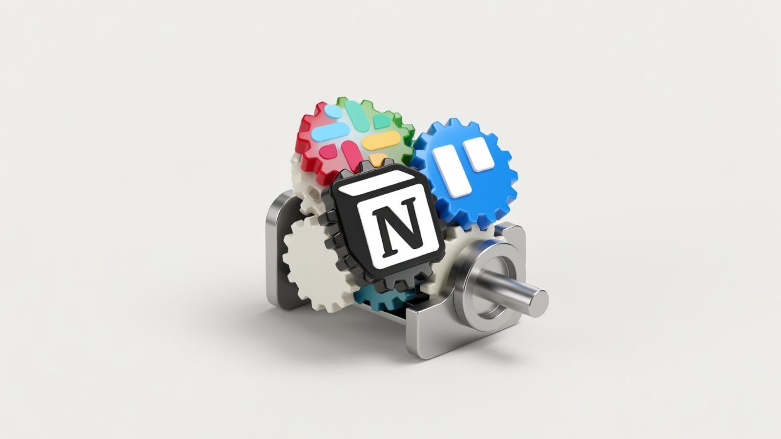 Notion, Slack and Trello logos as meshing gears in a wind-up desk machine