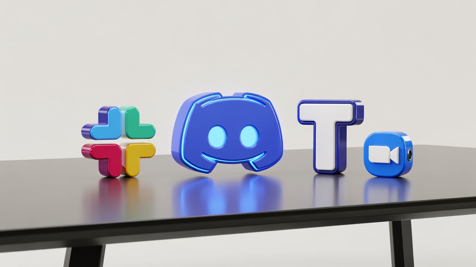 Discord logo as a game controller surrounded by Slack, Teams, and Zoom logos at a conference table