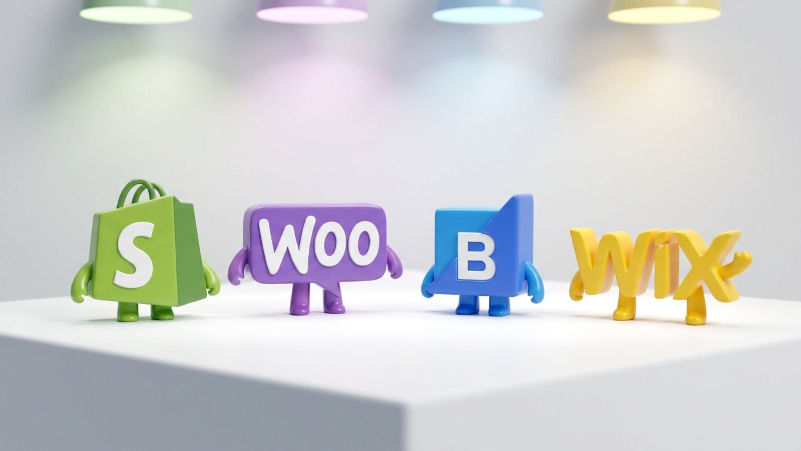 Playful 3D collectible figures of the Shopify, WooCommerce, BigCommerce, and Wix logos together in a clean studio scene