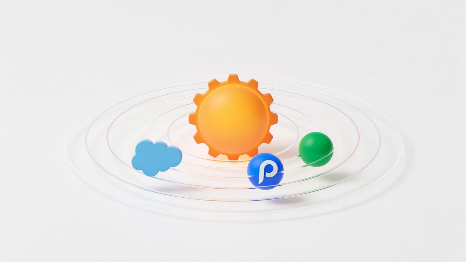 HubSpot sprocket as a sun orbited by Pipedrive, Zoho and Salesforce logos as planets